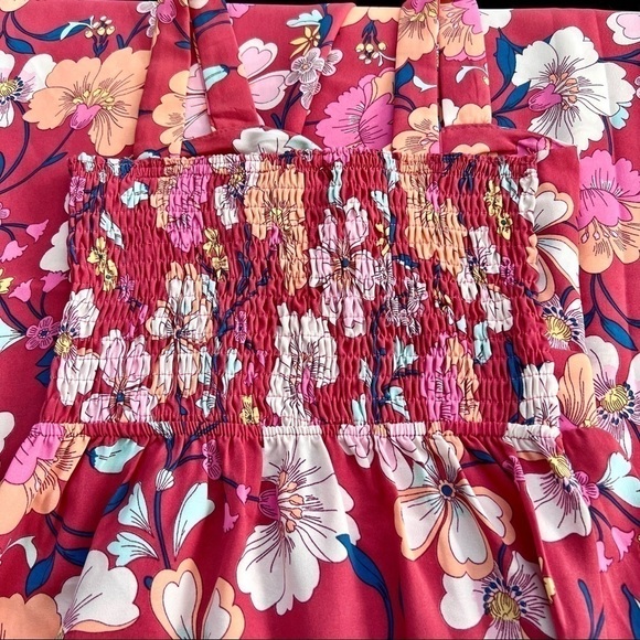🎁 MONTEAU LA Pink & Red Floral Smocked Maxi Dress Sleeveless Size XS - Picture 7 of 11
